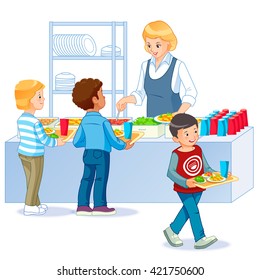 Illustration Of Kids In A Canteen Buying And Eating Lunch