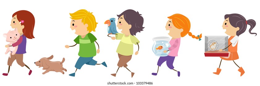 Illustration of Kids Carrying Pets