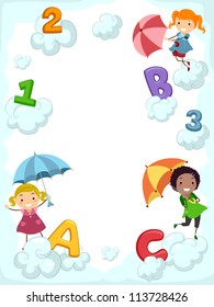 Illustration of Kids Carrying Umbrellas Dancing Beside Clouds Supporting Letters of the Alphabet