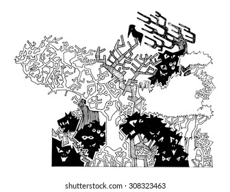 illustration for kids Cartoon FOREST spooky funny simple drawing
