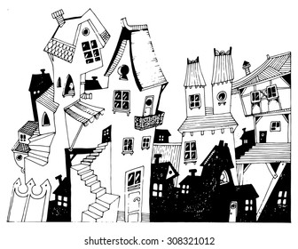 illustration for kids Cartoon HOUSES old city funny simple drawing