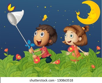 Illustration of the kids catching butterflies under the bright moon