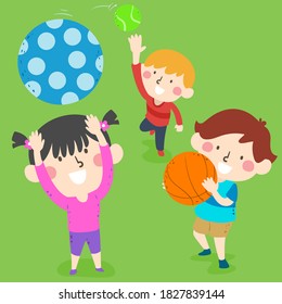 Illustration of Kids Catching Different Balls Outdoors