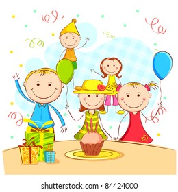 illustration of kids celebrating party with cake and birthday cap