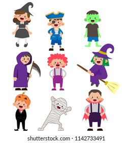 illustration of kids character wearing zombie, vampire, mummy, pirates, witch, and clown costume isolated white background