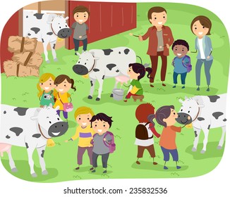 Illustration Of Kids Checking Out Cows During A Field Trip In A Dairy Farm