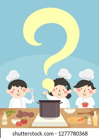 Illustration of Kids Chef Cooking, a Big Question Mark with Ingredients On Table
