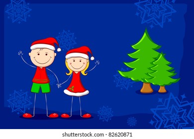 illustration of kids in christmas costume with christmas tree and snowflake