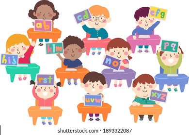 Illustration of Kids In Classroom Sitting Down and Showing their Tablets with the Alphabet