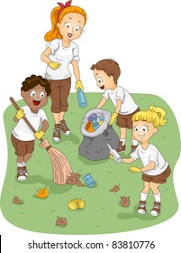 Illustration of Kids Cleaning a Camp