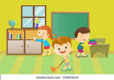 Illustration Of Kids Cleaning The Classroom