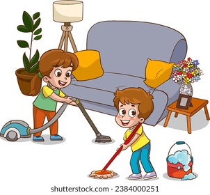 Illustration von Kindern, die das Sofa mit einem Mop säubern