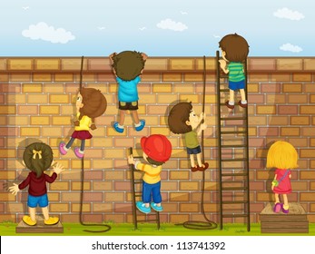 Illustration Of Kids Climbing On A Brick Wall