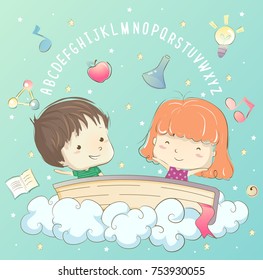 Illustration of Kids in the Clouds with a Book, the Alphabet and different Education Elements