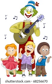 Illustration of Kids and a Clown Singing and Dancing the Birthday Song to the Accompaniment of a Guitar