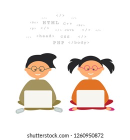 Illustration of kids coding with their laptops, children learning programming from early childhood