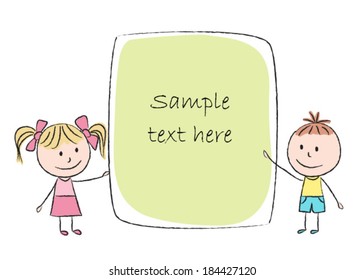 Illustration of kids with colored banner - chalk drawing