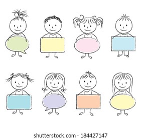 Illustration of kids with colored banners - chalk drawing