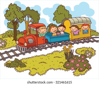 Illustration Kids in Colourful Train. Summer landscape.  Isolated objects on white background. Great illustration for school books. magazines, advertising and more. VECTOR.
