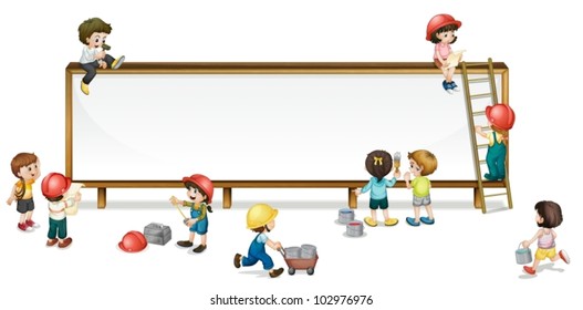 Illustration of kids constructing a banner