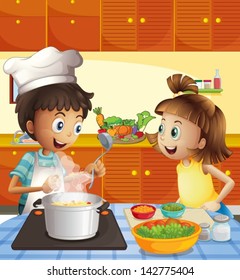 Illustration of the kids cooking at the kitchen