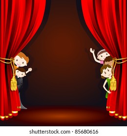 Illustration Of Kids In Costume Peeping From Stage Curtain