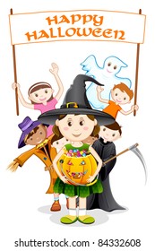 illustration of kids in costume of witch,scarecrow and grim for halloween