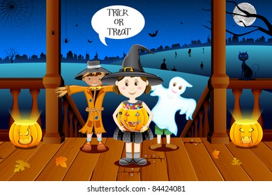 illustration of kids in costume of witch,scarecrow and grim for halloween