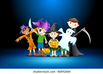 illustration of kids in costume of witch,scarecrow and grim for halloween