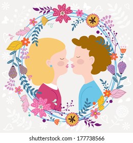 Illustration of kids couple kissing