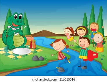 illustration of kids and crocodile in beautiful nature