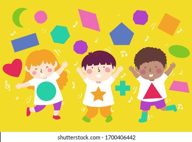 Illustration of Kids Dancing with Basic Geometry Shapes and Music Notes