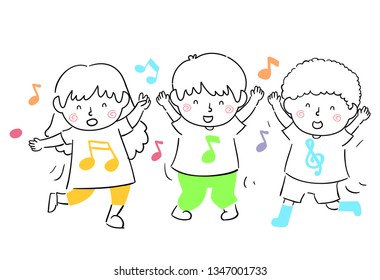 Illustration of Kids Dancing and Having Fun with Music Notes