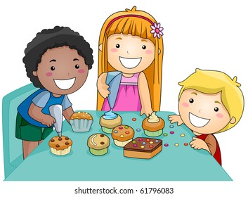 Illustration Of Kids Decorating Cupcakes - Vector