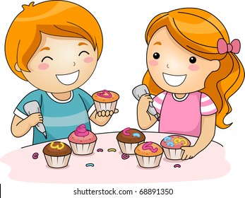 Illustration Of Kids Decorating The Top Of Cupcakes