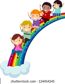 Illustration of Kids of Different Ethnicities Sliding Down a Rainbow