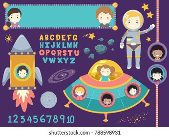 Illustration of Kids and Different Outer Space Elements like spaceship, banner, alphabet, numbers, astronaut, steroids, moon and stars