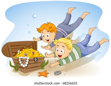 Illustration of Kids Diving for Sunken Treasure