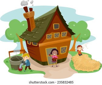 Illustration Of Kids Doing Different Tasks Outside A Farm House