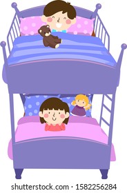 Illustration of Kids in a Double Deck Bed with Kid Boy on Top Deck with a Teddy Bear and Kid Girl Below with a Doll