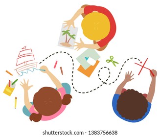 Illustration of Kids Drawing a Pirate Treasure Map on the Floor