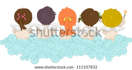 Illustration of Kids Dressed as Angels with Their Backs Turned