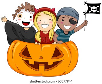 Illustration of Kids Dressed in Costumes Standing inside a Giant Jack o Lantern