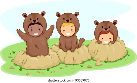 Illustration of Kids Dressed in Groundhog Costumes