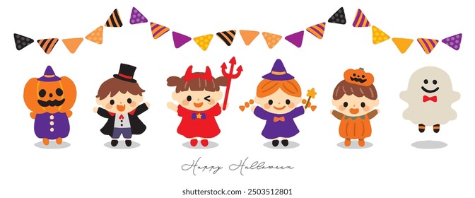 Illustration of kids dressed up for a Halloween party