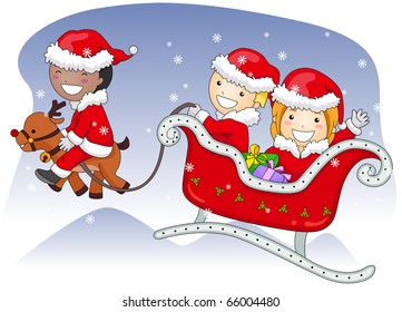 Illustration of Kids Dressed in Santa Claus Costumes Riding a Sleigh