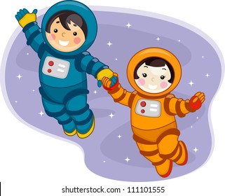 Illustration of Kids Dressed in Spacesuits and Floating in Outer Space