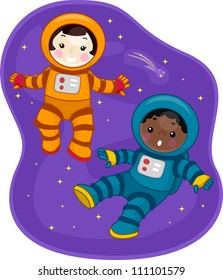 Illustration of Kids Dressed in Spacesuits and Floating in Outer Space