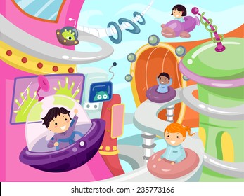 Illustration of Kids Driving Around a Futuristic City