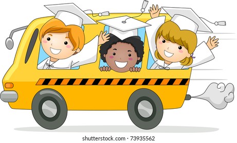 Illustration Of Kids Driving Away In A School Bus